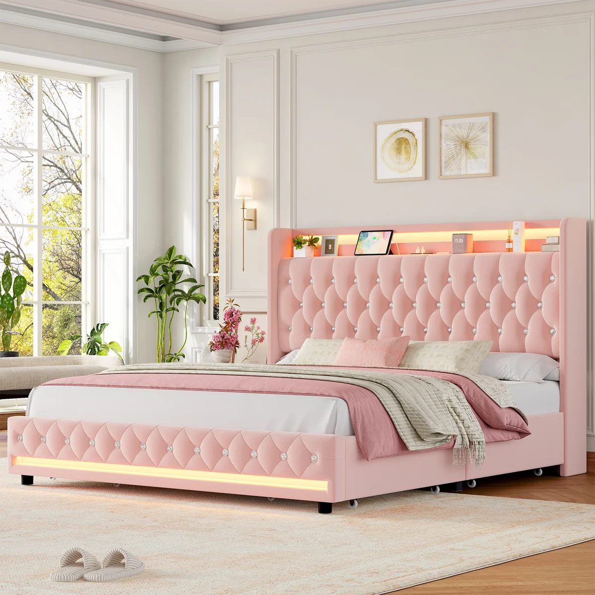 Glastonbury Velvet Upholstered Wingback Storage Bed with LED Lights