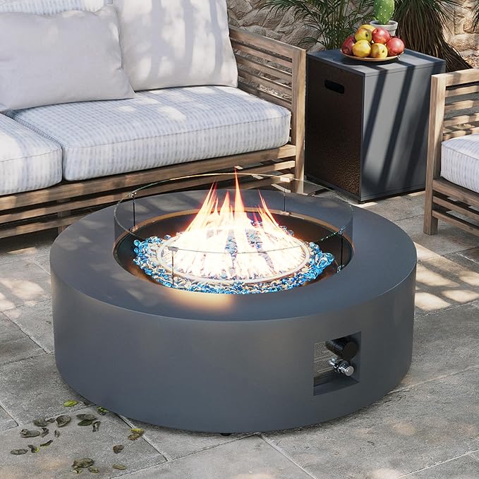 Round Steel Outdoor Fire Pit Table With Glass Wind Guard Box A