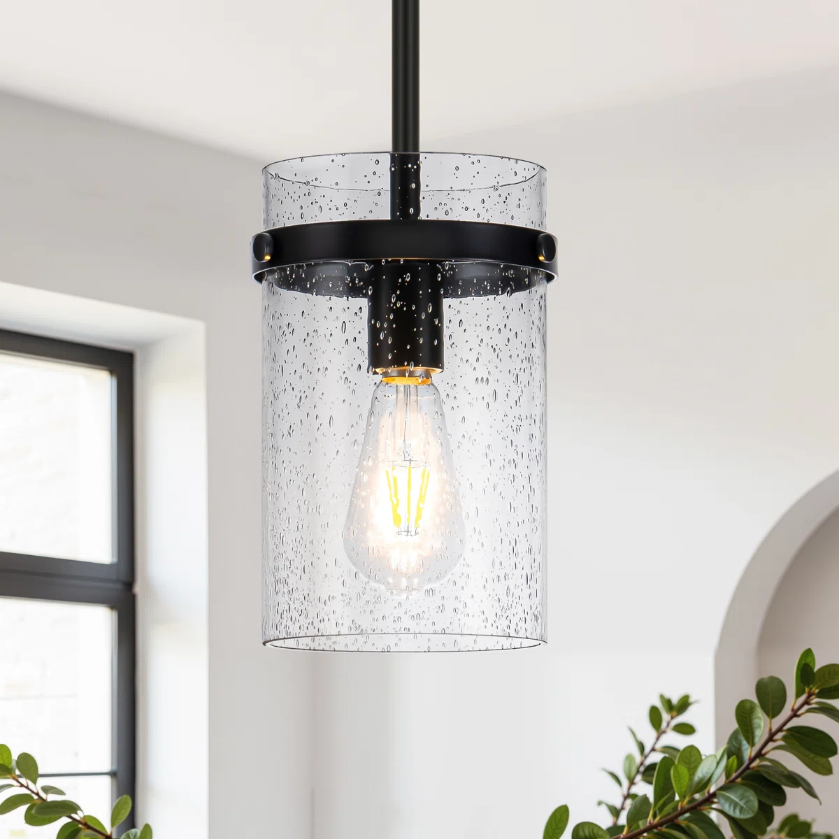 Levona 1-Light Seeded Cylinder Glass Kitchen Island Pendant Light