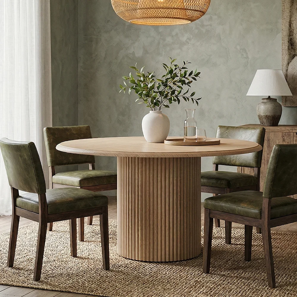 47 Inches Round Dining Table with Cylindrical Fluted Metal Base
