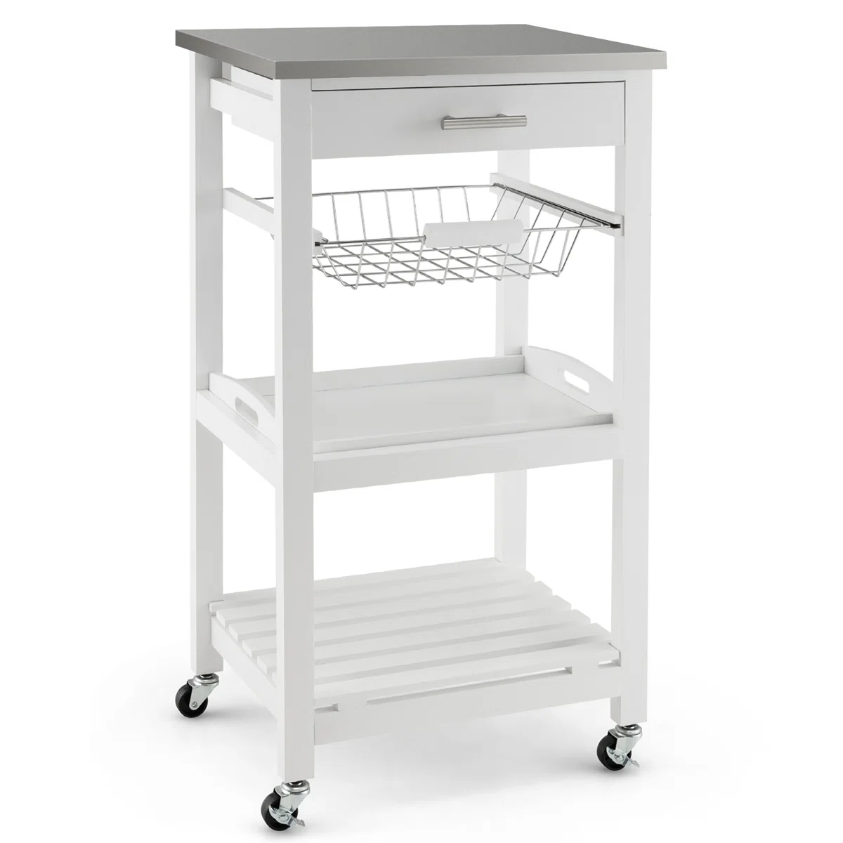 Maniteau Compact Kitchen Island Cart Rolling Service Trolley Withstainless Steel Top Basket