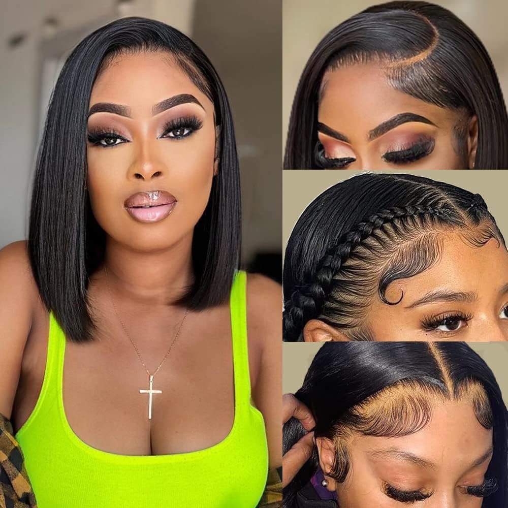 Lace Front Bob Wigs Human Hair Pre Plucked 13x4 Lace Frontal Wigs Human Hair With Baby Hair Bleached Knots Virgin Glueless Wigs for Black Women 180% Density Natural Color 10inch Natural Black 10 Inch