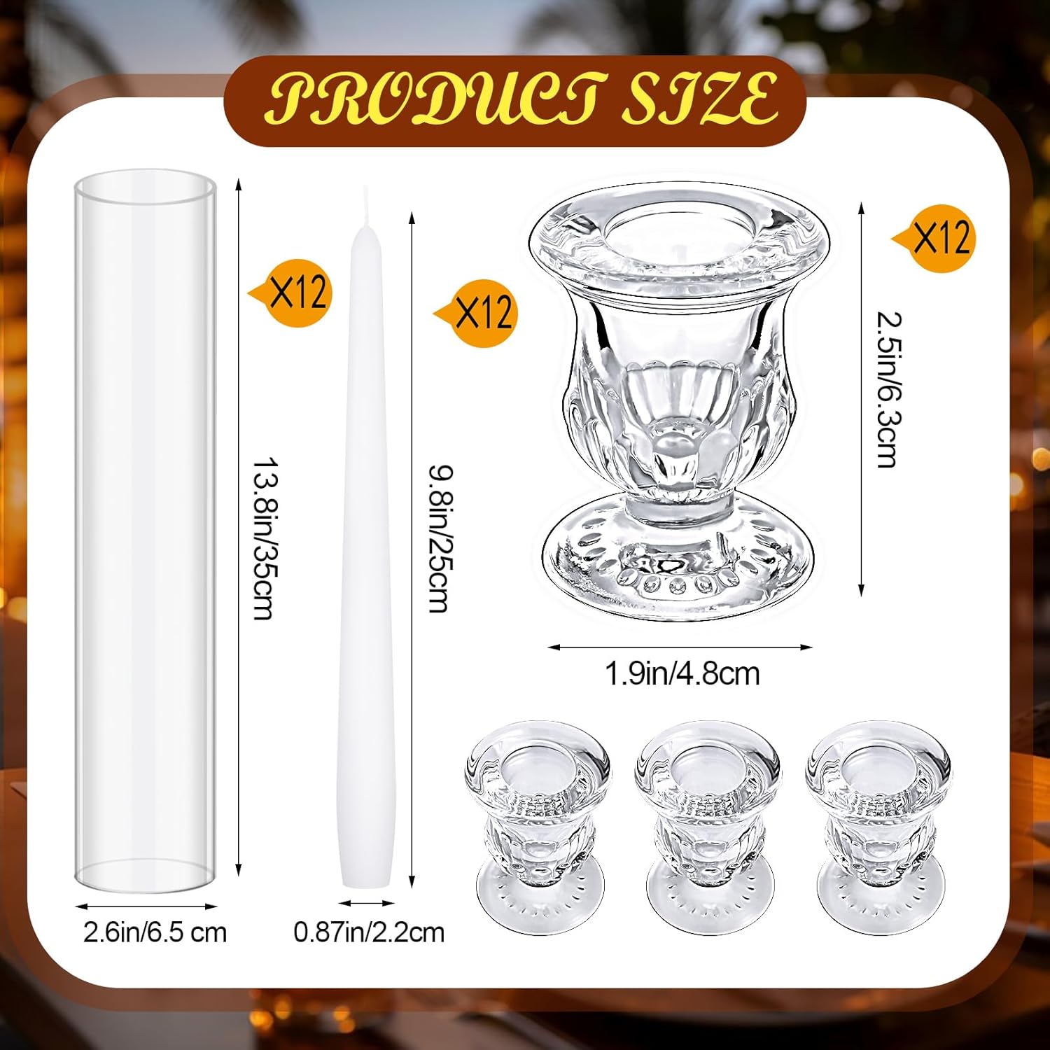 12 Set Hurricane Candle Holder Cylinder Sleeves Taper Candlestick Holder 10 Inch White Candles Table Centerpiece for Wedding Party Festival Decoration