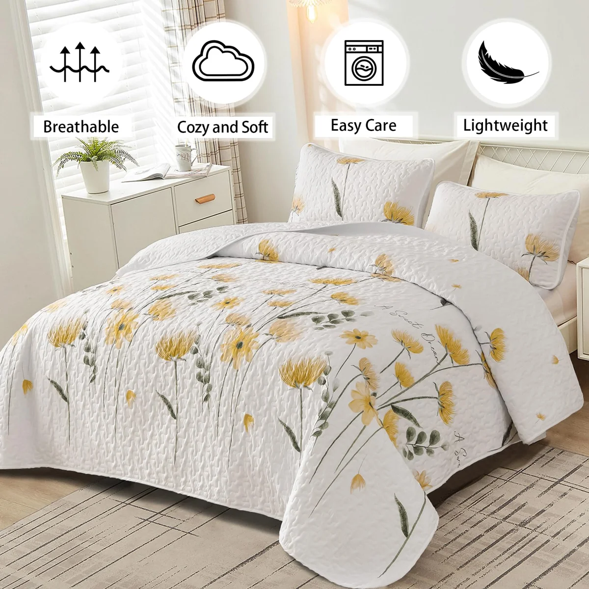 3 Pieces Floral Quilt Set Lightweight Farmhouse Style Coverlet Sets For All Season