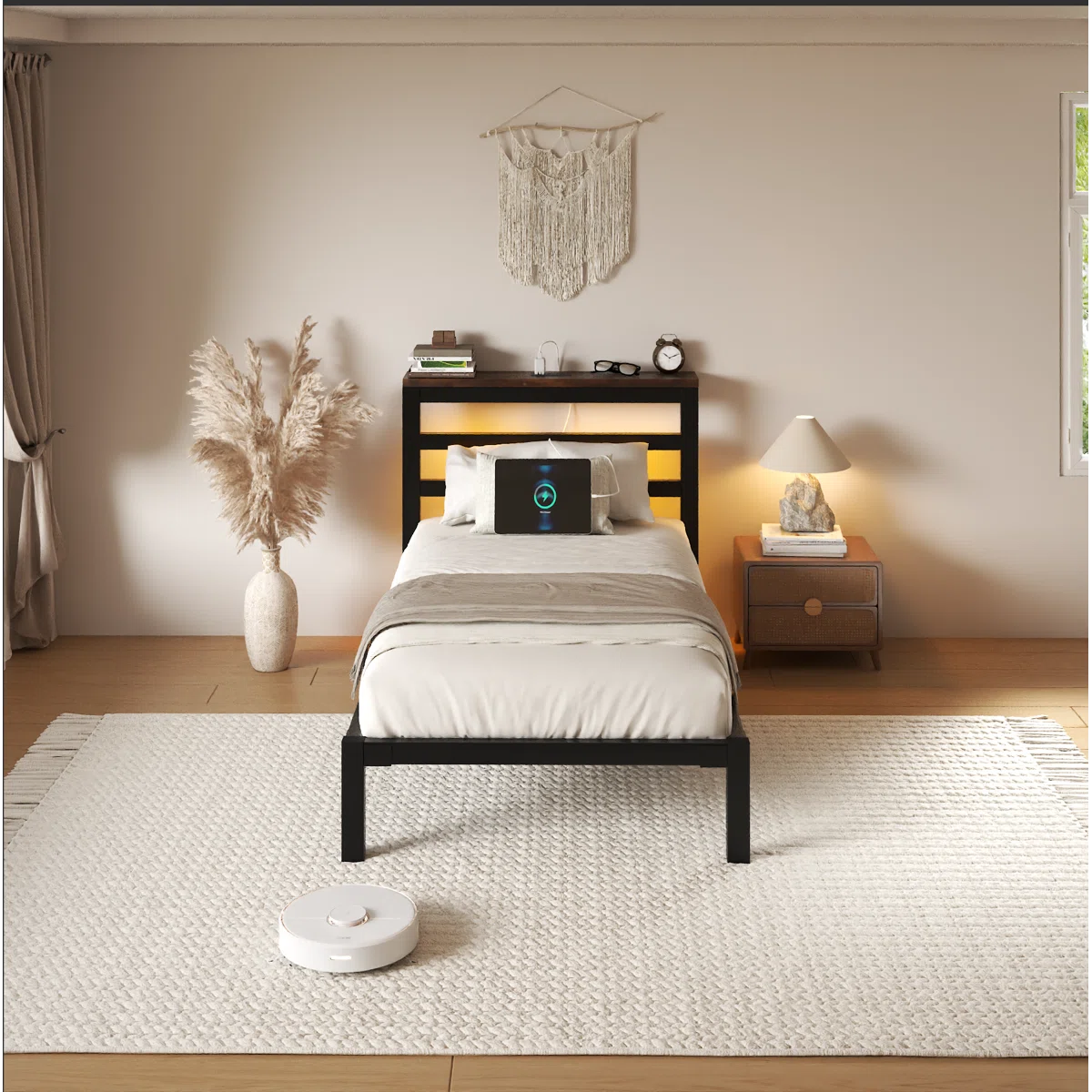 Metal Platform Bed with Storage Headboard, Charging Station, LED Light, Easy Assembly