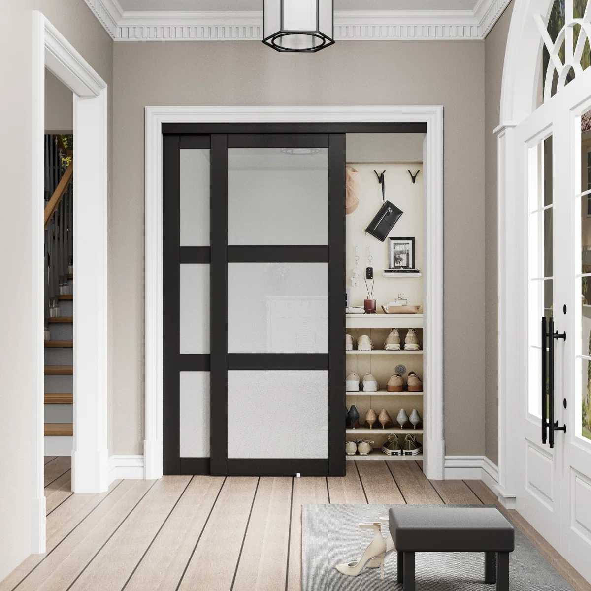 80" Black MDF Frosted Glass Space-Saving Sliding Closet & Pantry Door with Complete Hardware Set