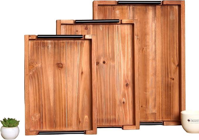 Vecxoty Large Wooden Tray Set, 3-Piece Nested Set (11.2", 10.4", 9.6")