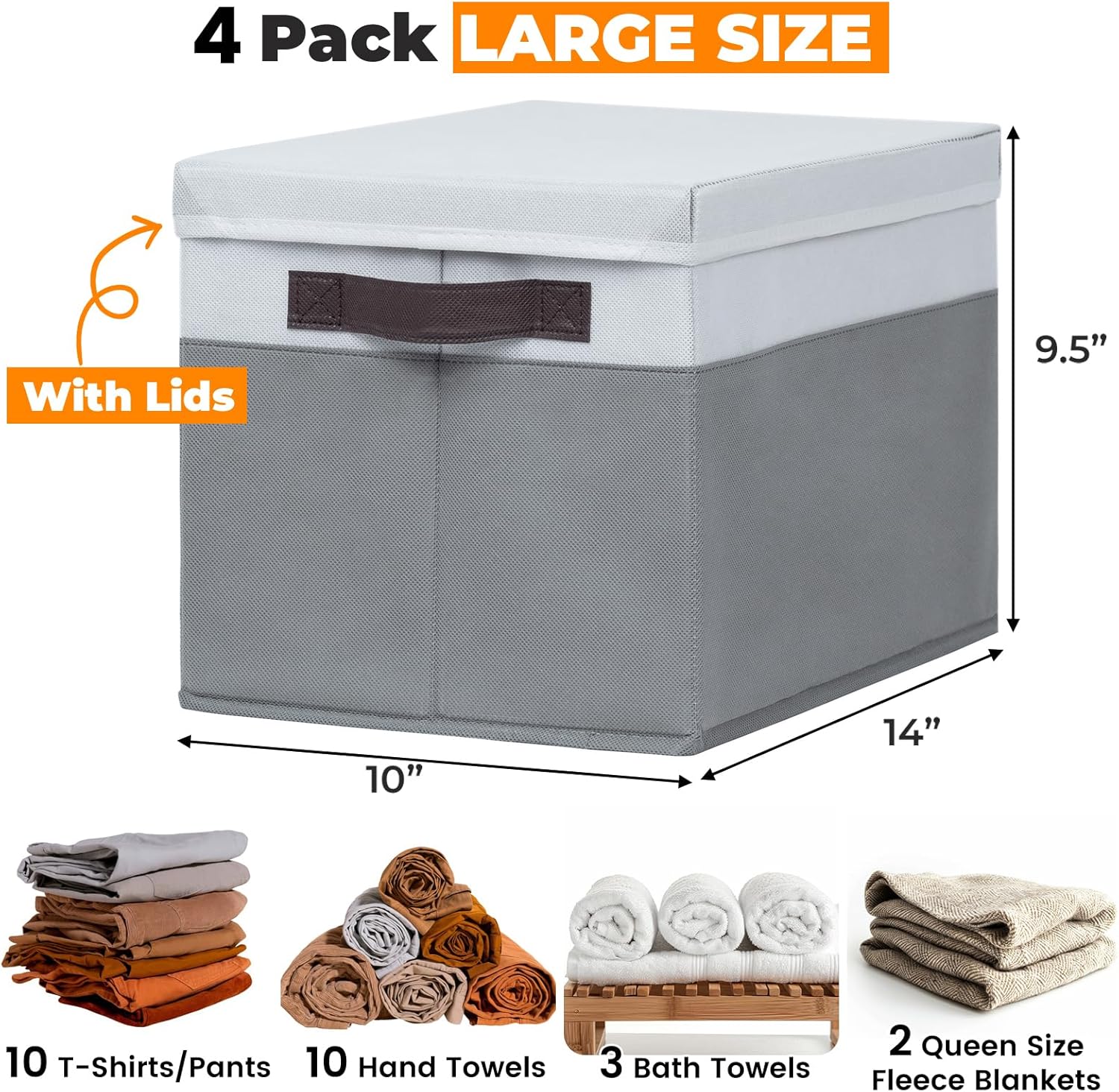 Large Closet Storage Baskets Bins with Lids 4 Pack, Storage Baskets for Organizing Shelves Nursery Bedroom, Home Dorm Closet Organizers Cubes for Clothes Toys Blanket Book - Stackable -14x10x9.5 4pcs-Large White with Grey