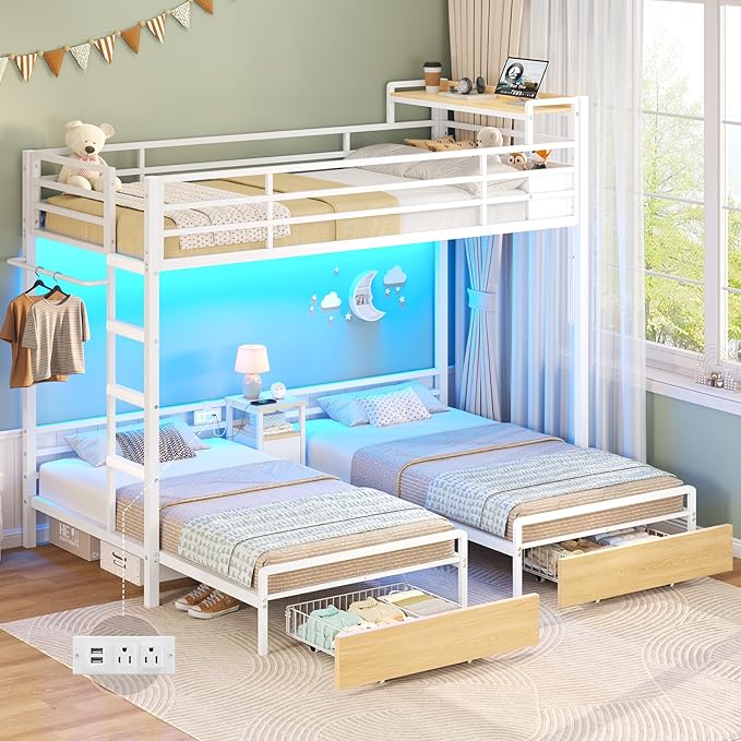 Triple Bunk Bed With 9 Storage Drawers And Open Shelf, Twin Over Twin Bunk Beds With Led Lights, Bedside Caddy, Decorative Mesh, Metal 3 Bed Bunk Beds For Teens And Adults, Black