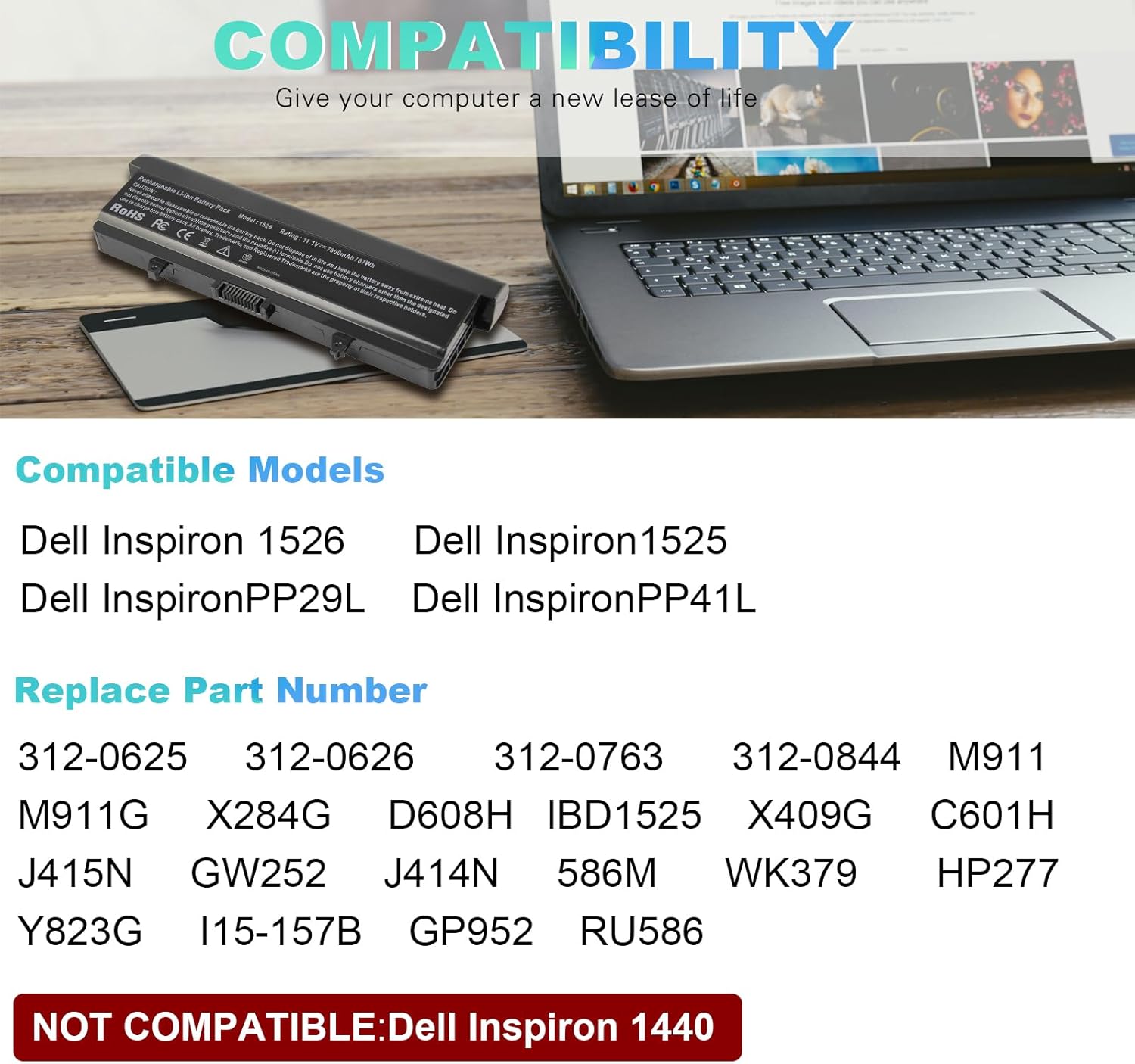 TREE.NB High Capacity Battery for Dell Inspiron 1545 1526 1525 PP41L PP29L Series Laptop Battery, Fits P/N: GP952 GW252 GW240 X284G RN873 M911 M911G [7800mAh/11.1V/9-Cells]