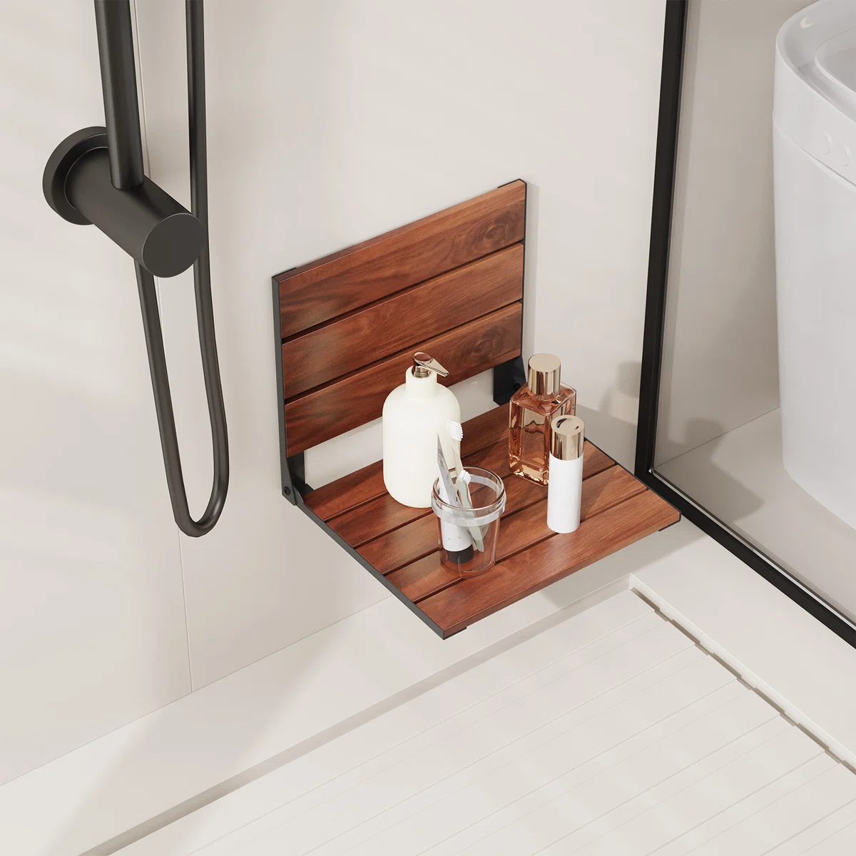 17.8" Wall-Mounted Folding Teak Shower Seat, Foldable Shower Bench for Safety, 400 lbs Capacity, Ideal for Elderly and Disabled Use