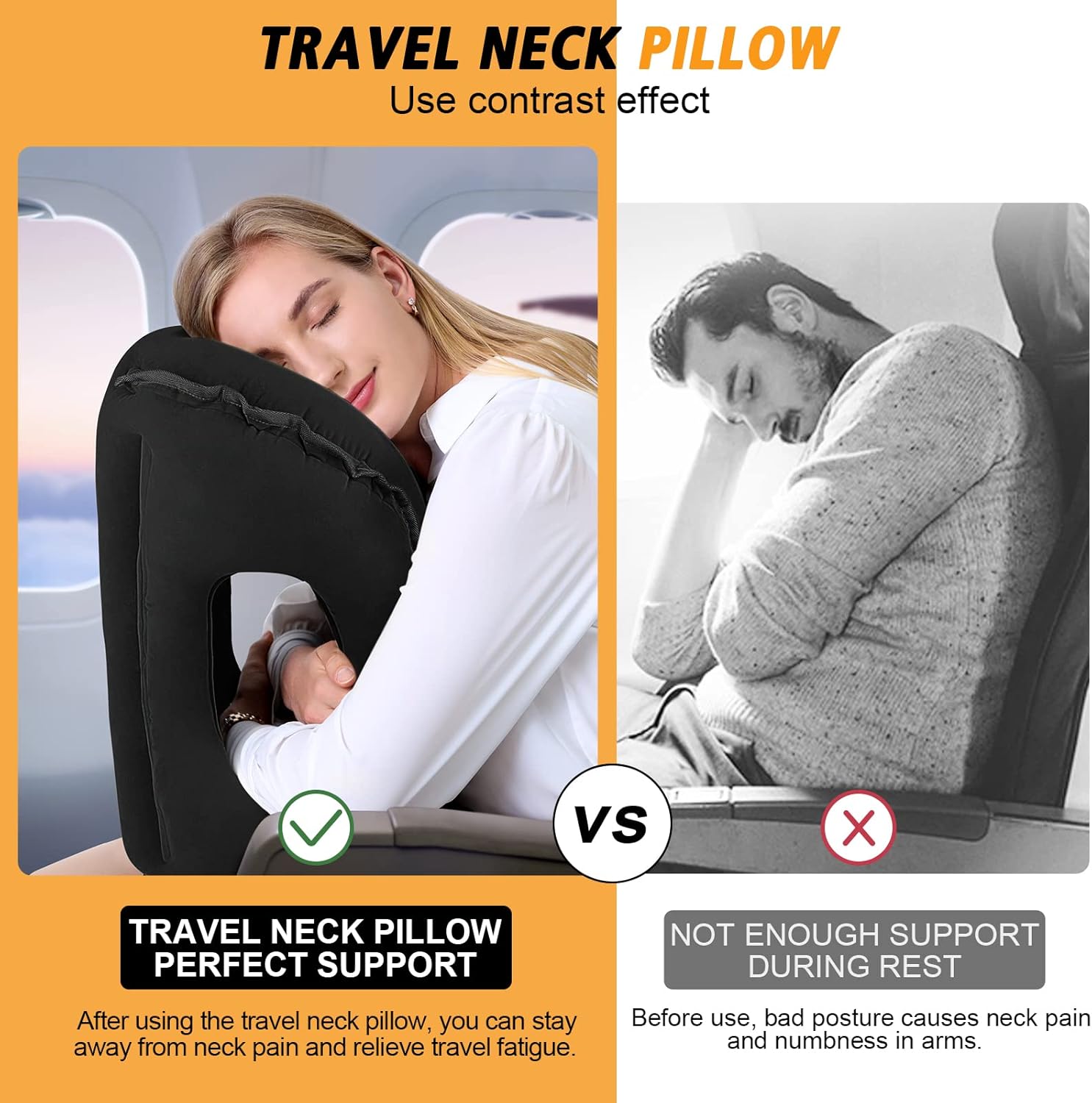 Inflatable Travel Pillow,Multifunction Travel Neck Pillow for Airplane to Avoid Neck and Shoulder Pain,Support Head,Neck,Used for Sleeping Rest, Airplane and Home Use,with Eye Mask, Earplugs, Black Black Medium