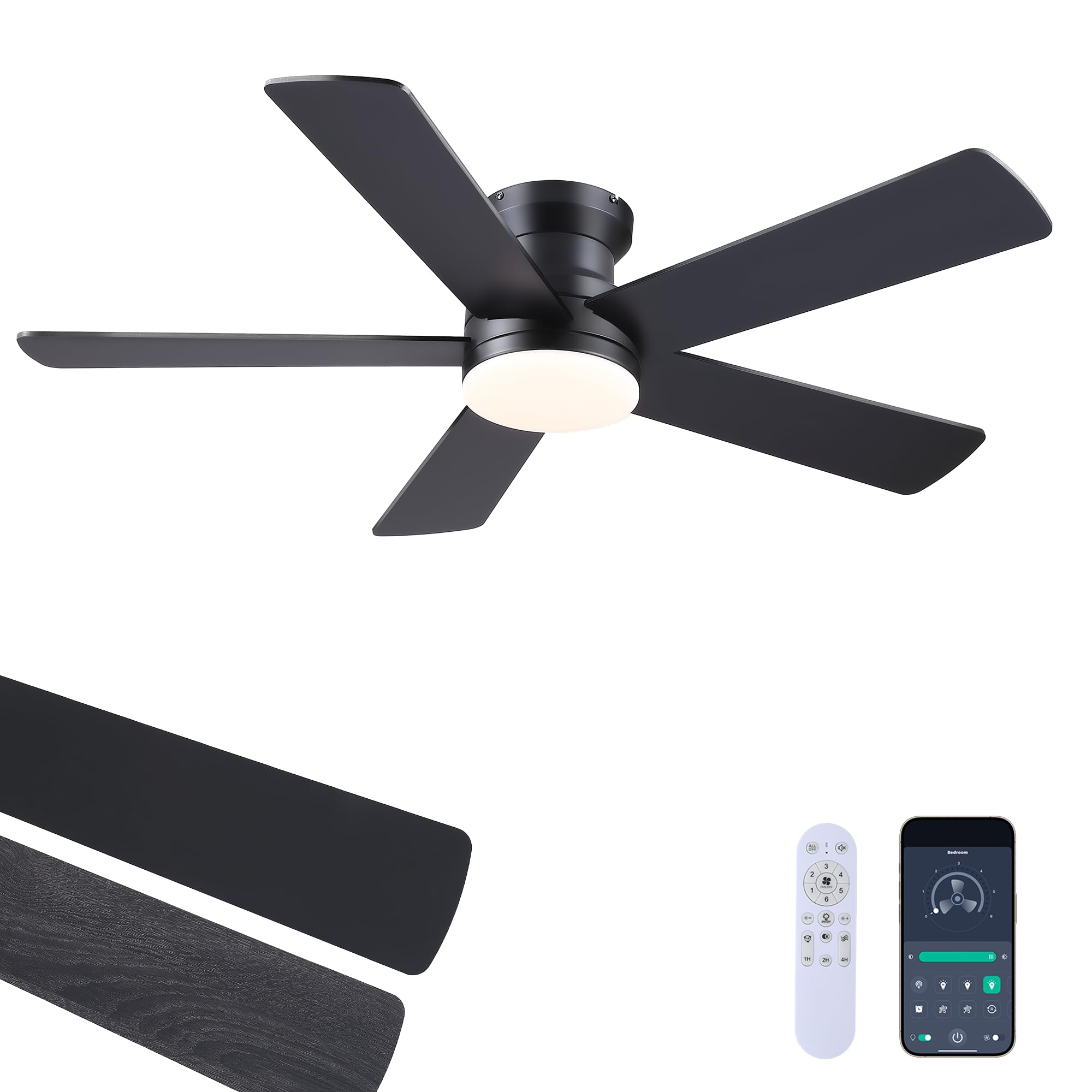 Ayaoty Ceiling Fans with Lights - 48 Black Flush Mount Ceiling Fan Light with 6 Speeds 3CCT Dimmable, Revesible Motor, Low Profile Fan Light for Modern Indoor Bedroom, Kitchen