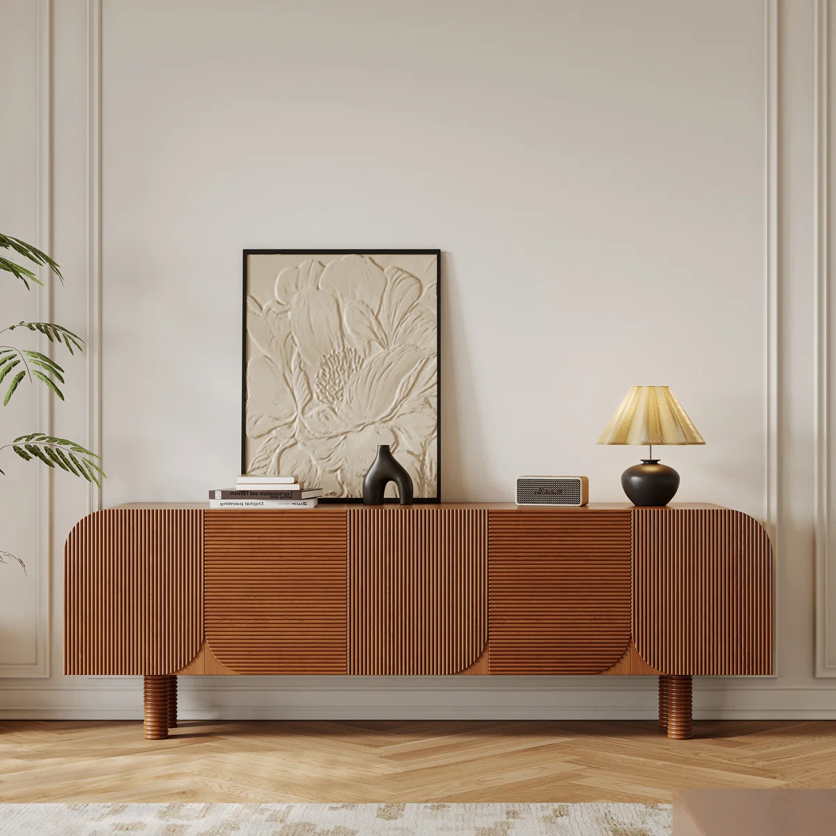 Anayla 71'' Mid Century TV Console with 4 Cabinets, Solid Wood TV Stands for Living Room, Brown