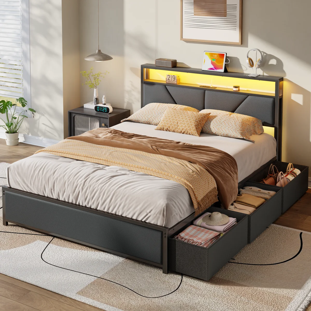Bed Frame with 6 Underbed Drawers and Open Storage Headboard, Upholstered Platform Bed with Adjustable LED Light and Charging Station, No Box Spring Needed