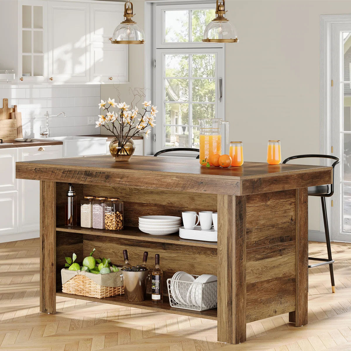 55" Kitchen Island With Storage, Farmhouse Island Table Counter Height Bar Table