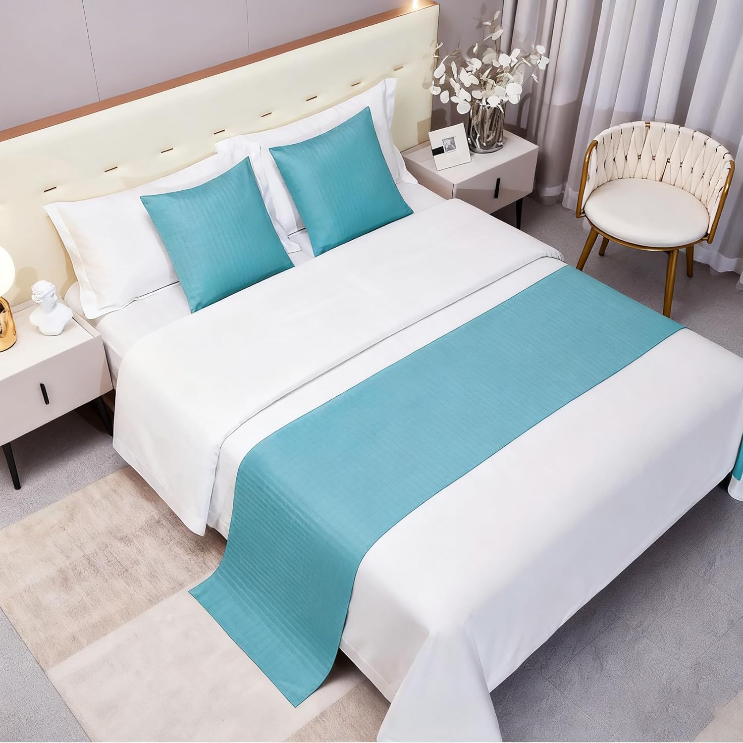 Aqua Blue Bed Runner 82 x 20 in Geometry Striped Themed Bed Scarf for Queen & Full Bed Durable Reversible Aqua Pure Quilted Bed Runner Decorative for Hotel Bedroom (Queen, 1 Piece) 82'' x 20'' (1 Piece) Aqua