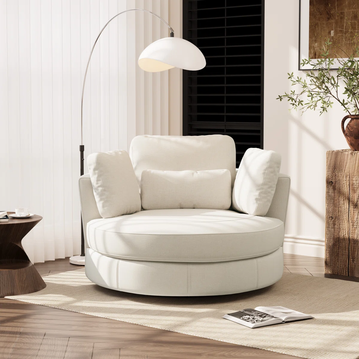 Upholstered Slipcovered Oversized Swivel Barrel Accent Chair