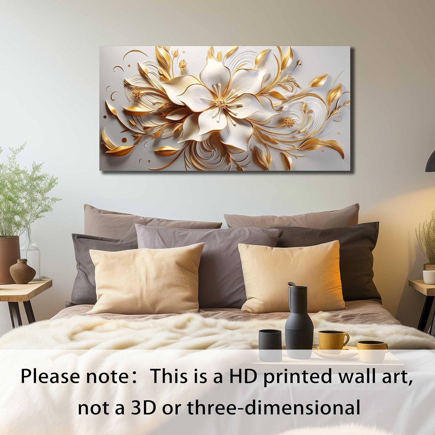 White Flower Wall Art for Office Gold Wall Art for Bedroom Women Wall Decor for Living Room Aesthetic Size 24 x 48 48L x 24W White and Gold