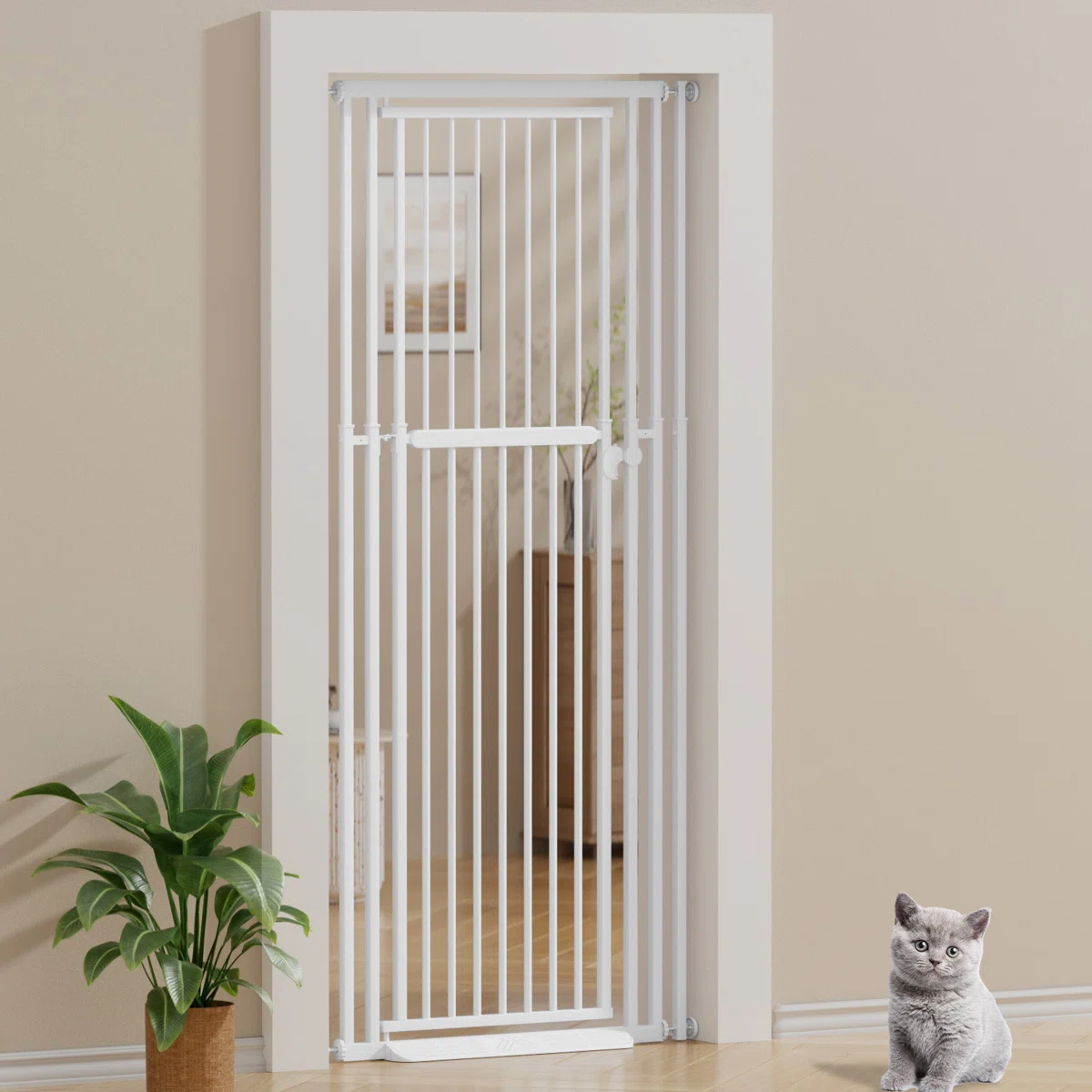 47"-87" Extra Tall Cat Gate, Adjustable Width 27.5"-37", One-Piece Metal Safety Gate, Pressure Mount No Tools Needed