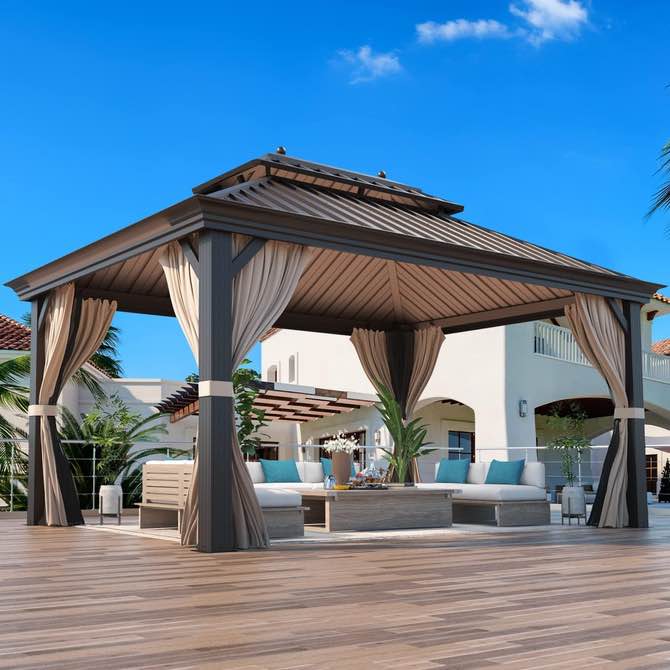 (3 of 5 boxes only)12' X 16' Hardtop Gazebo Galvanized Steel Double-Roof Canopy Outdoor, Aluminum Frame Permanent Metal Pavilion, Netting & Curtains