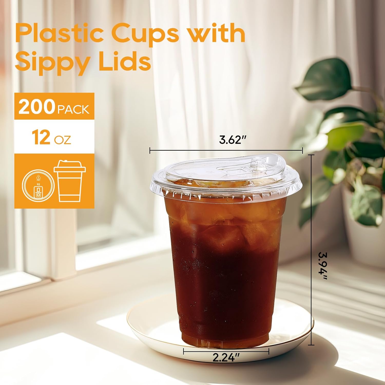Turbo Bee 12 OZ 200 Sets Clear Plastic Cups with Strawless Sip Lids, To Go Crystal Clear Disposable Plastic Cups with Lids for Iced Coffee, Smoothies, Soda, Lemonade, Cold Beverage 12oz.