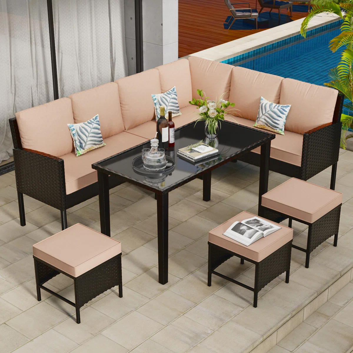 7-Piece Patio Furniture Set, Outdoor Couch With Coffee Table & Ottomans, PE Rattan Sofa Set With Cushions For Deck, Yard, Poolside