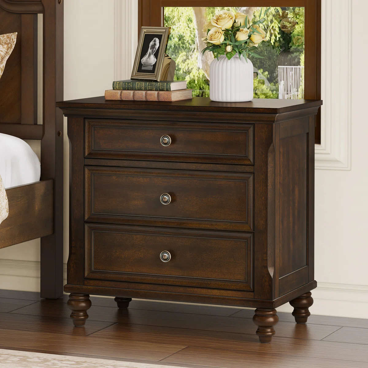 Mid-Century Modern Solid Wood Nightstand 3-Drawers
