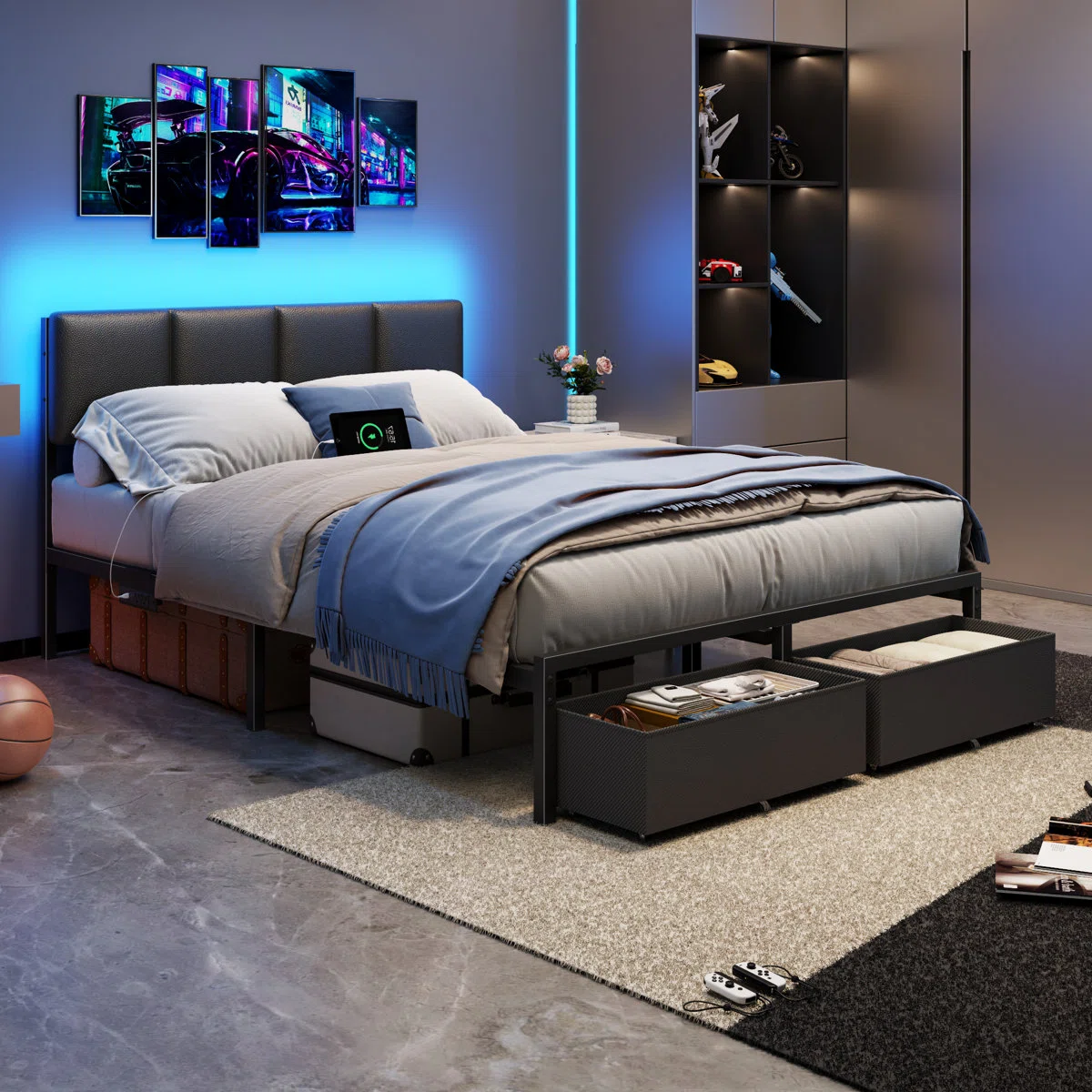 Platform Bed Frame with LED Lights & Charging Station, Upholstered Headboard, 2 Storage Drawers, No Box Spring Required for Guest Room Dorm