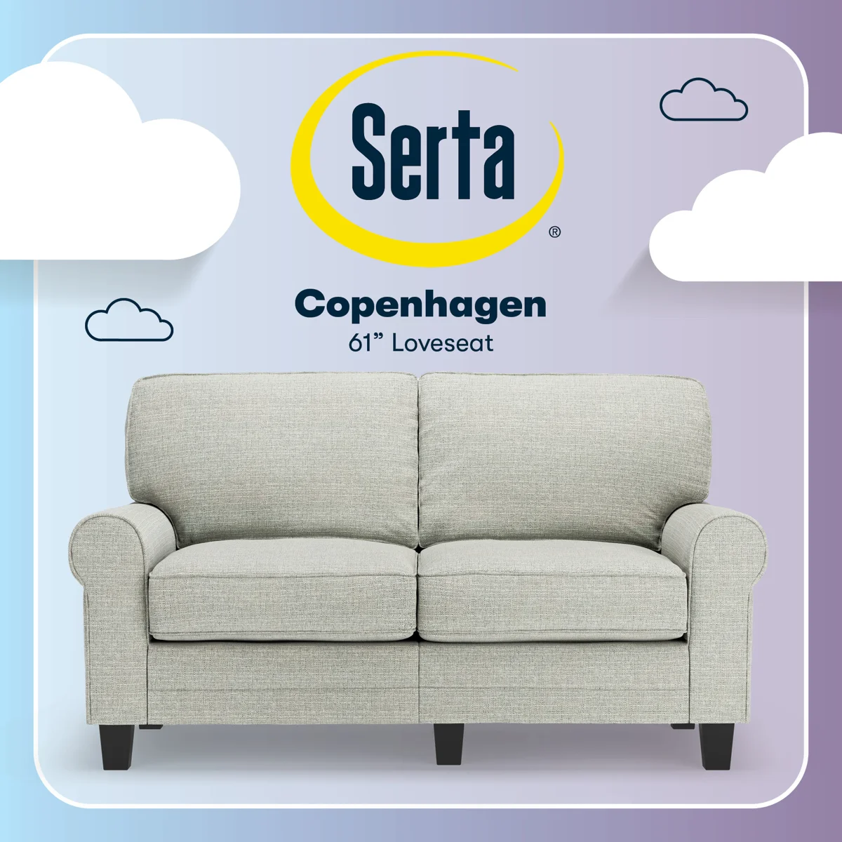 Serta Copenhagen 61" Rolled Arm Sofa, Easy Care Fabric, Soft Pillow Back, Pocket Coil Seat Cushions