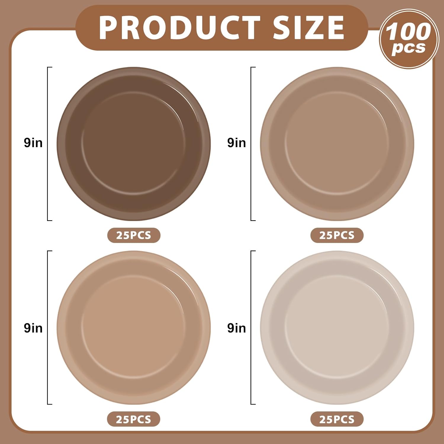 100Pcs Brown Paper Plates 9 Inch Gradient Brown Color Plates Disposable Round Dessert Plates Brown Party Tableware Solid Color Paper Plates Winter Table Decors for Birthday Gatherings Outdoor Party 100 Brown
