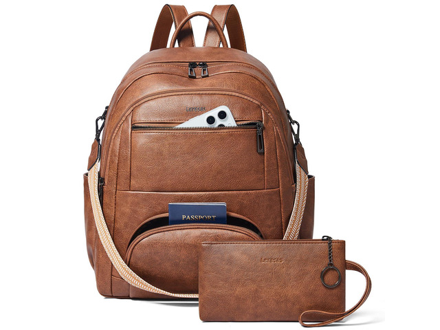 Leresas 35L Vegan Leather Backpack Purse, Coffee
