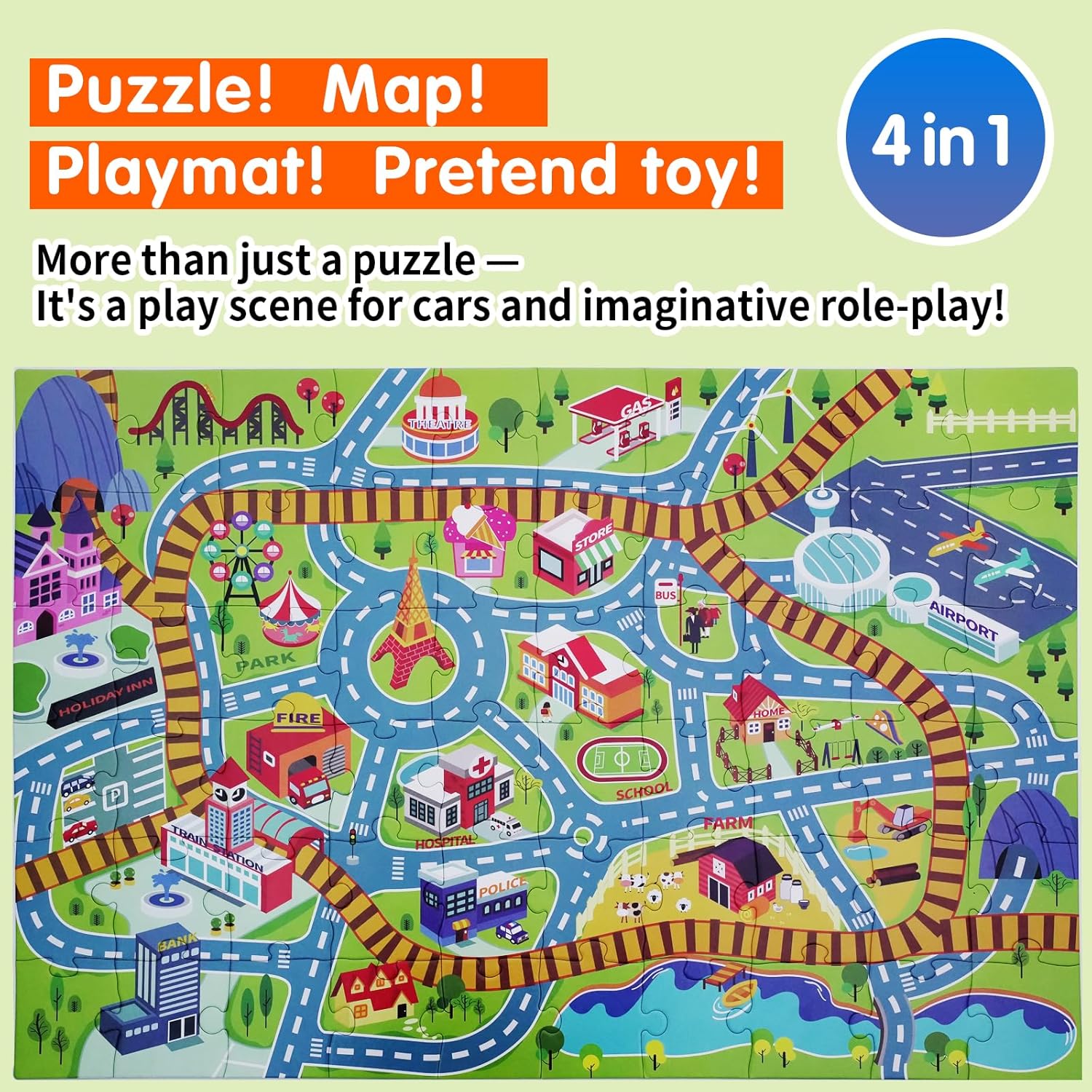 City Adventure Giant Floor Puzzle for Kids Ages 3-8 - 60 Pcs Large Piece Puzzles- Town Map with Race Tracks & Train Tracks - Storytelling Educational Preschool Toy for Toddlers Ages 3+