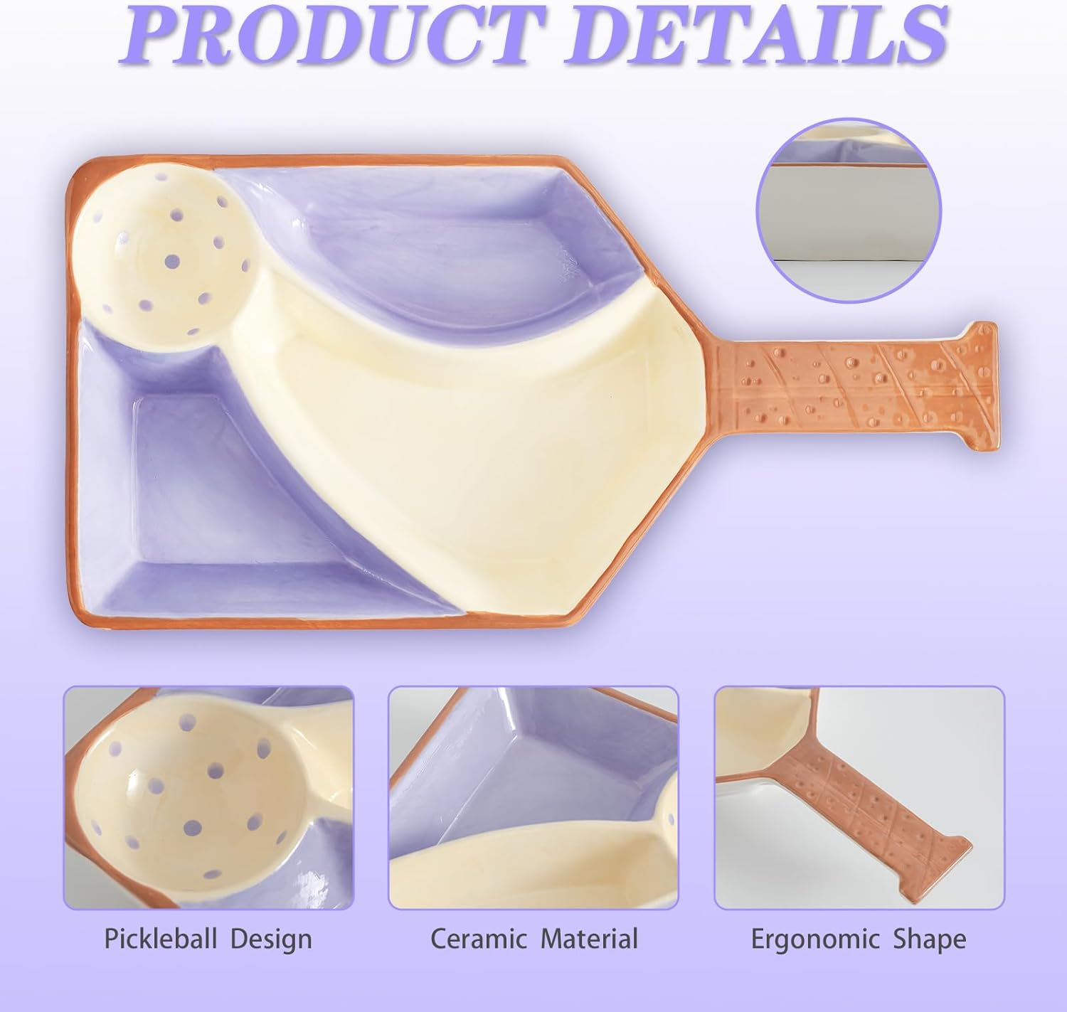 Pickleball Party Platter - Fun Paddle-Shaped Ceramic Tray with Snack Sections - Perfect Serving Dish for Pickleball Lovers Display Trays (Purple) Lilac Linen