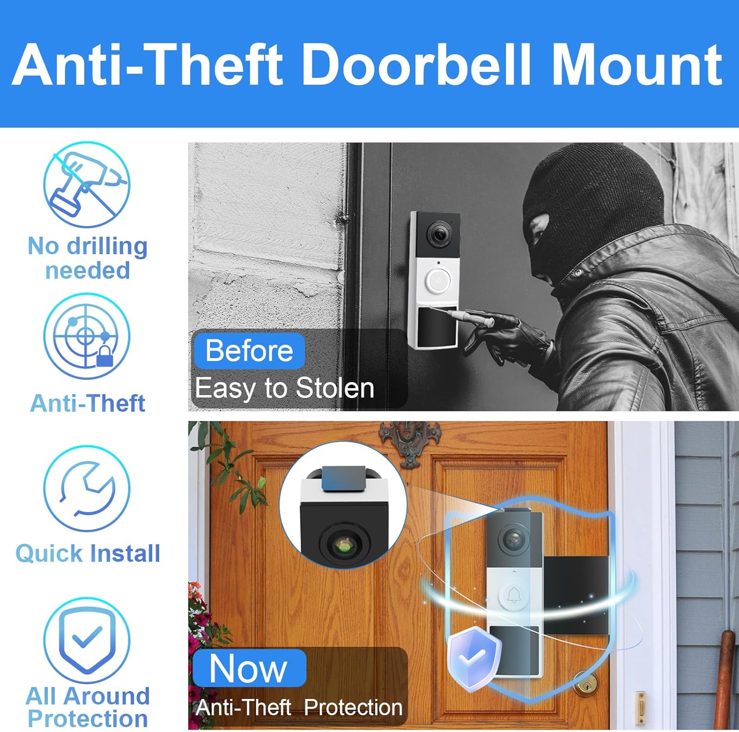 Anti-Theft Video Doorbell Mount Compatible with Tapo, Doorbell Camera Mount, No Drill Adjustable Mounting Bracket Holder Accessories for Apartment Rentals, Enhanced Protection Doorbell Mount Bracket