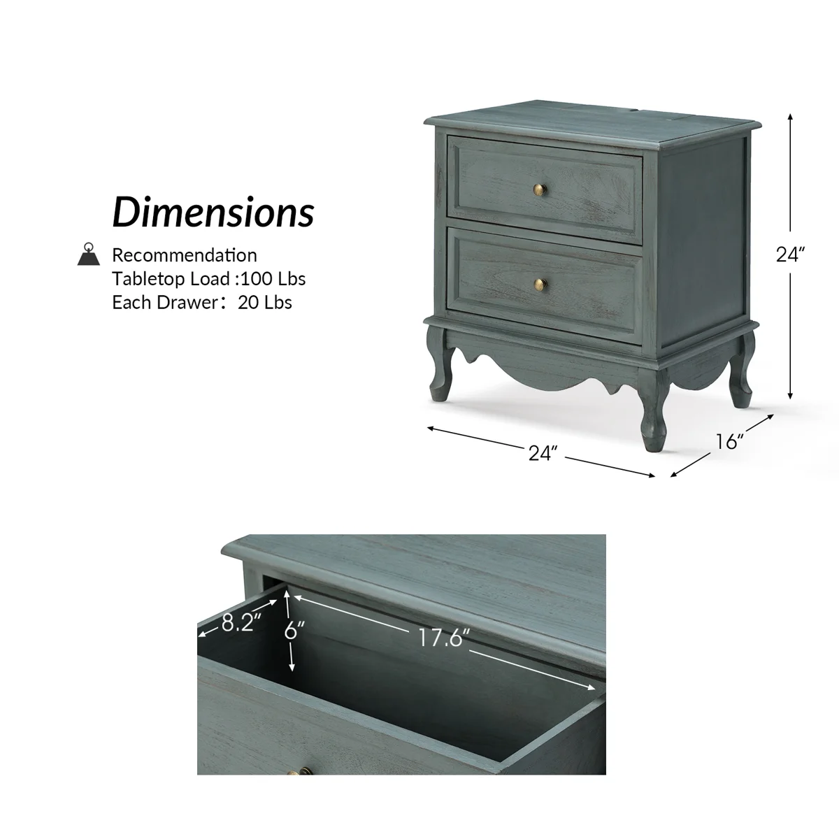 Lundgren Transitional 24''W 2-Drawer End Table with Wood Legs and Charging Station