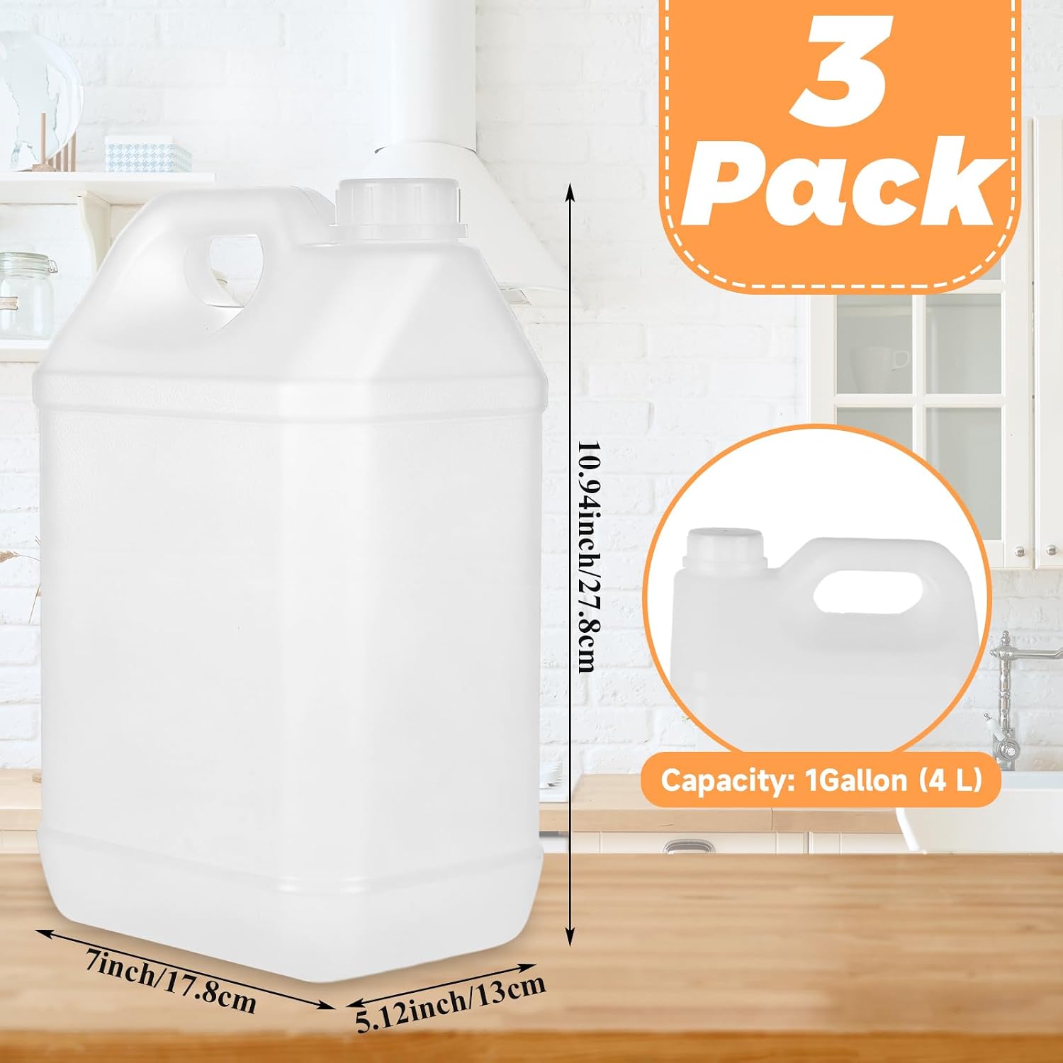 JMIATRY 3 Packs 1 Gallon Plastic Jug with Lids 4L Square Empty Gallon Jug Water Containers HDPE Plastic Gallon Containers with Lids and Ergonomic Handle for Water, Beverage, Oil, Milk, Sauce, Soap
