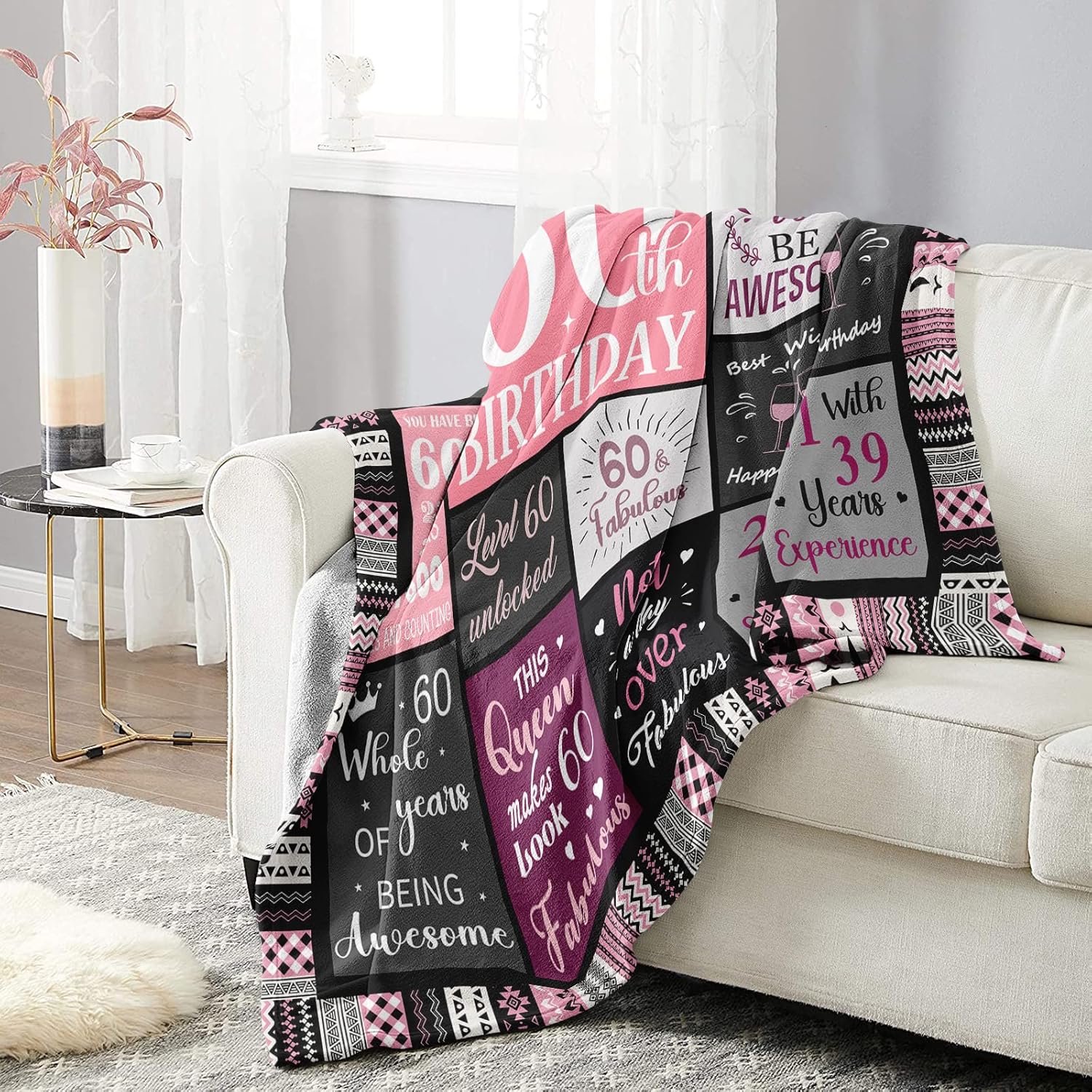 Ivivis 60th Birthday Gifts for Women Throw Blanket 60”X50”, Happy 60th Birthday Decorations Gift Ideas for 60 Year Old Woman, 1966 Bday Gifts for Mom Grandma 60th Birthday 60x50