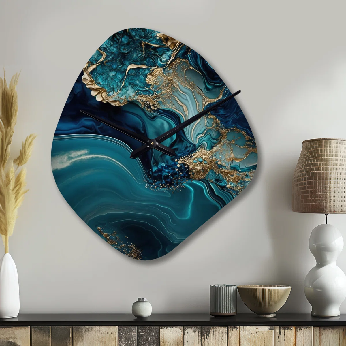 Abstract Geode Turquoise I - Marble Unique Shape Metal Wall Clock, Turquoise Asymmetrical Clock Print