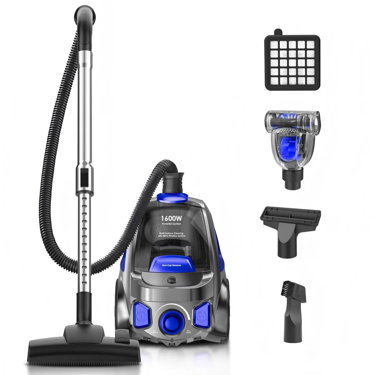 Canister Vacuum Cleaner, 40Kpa 1600W Powerful,3.7QT Large Dust Cup Vacuum for Hard Floors, Carpets, Pet Hair