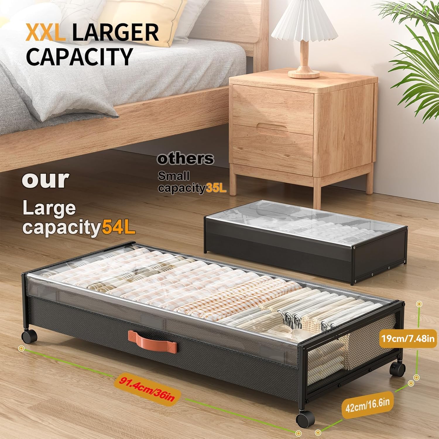 Under Bed Storage Containers with Wheels Large Underbed Shoes Blankets Clothes Toy Storage Drawers for College Dorms Bedrooms Nursery Rooms Organization (Black 2 Pack, 7.5in height(36x16.6x7.48)) Black 2 Pack 36IN (36x16.6x7.48)