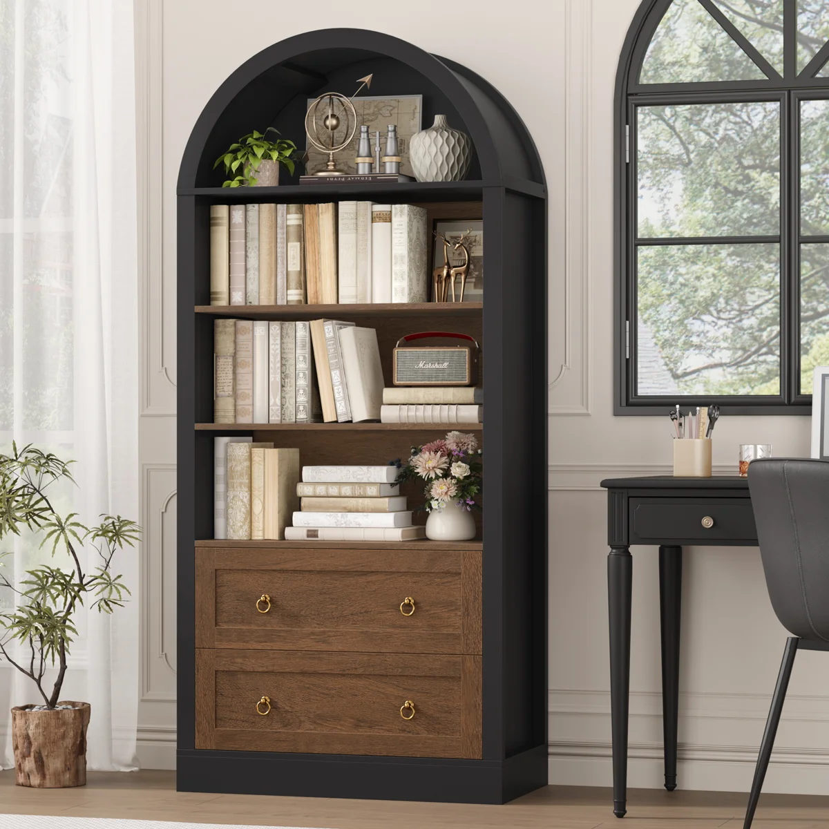 69.7"H Arched Bookcase With 2 Drawers