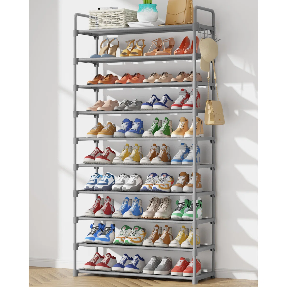 Shoe Rack for Closet - 10-Tier Shoe Organizer with Hook Rack, Large-Capacity & Space-Saving Shoe Shelf for Entryway, Bedroom, Living Room,32.2" x 11.8" x 68.5", Brown