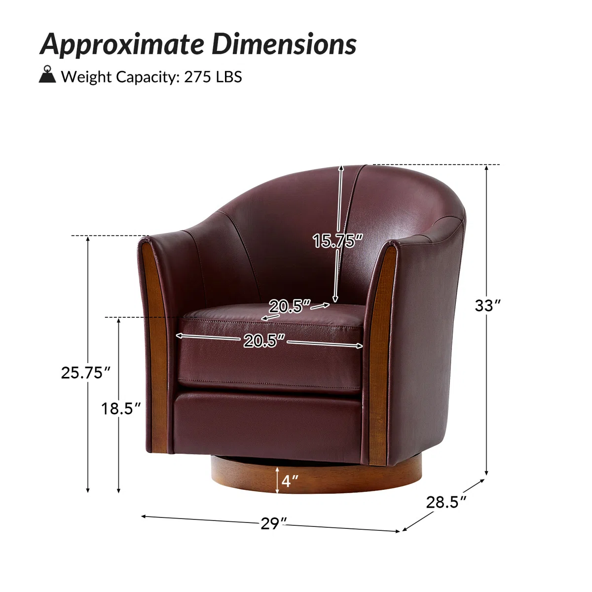Pocono 29"W Transitional Genuine Leather Swivel Barrel Chair With Solid Wood Base