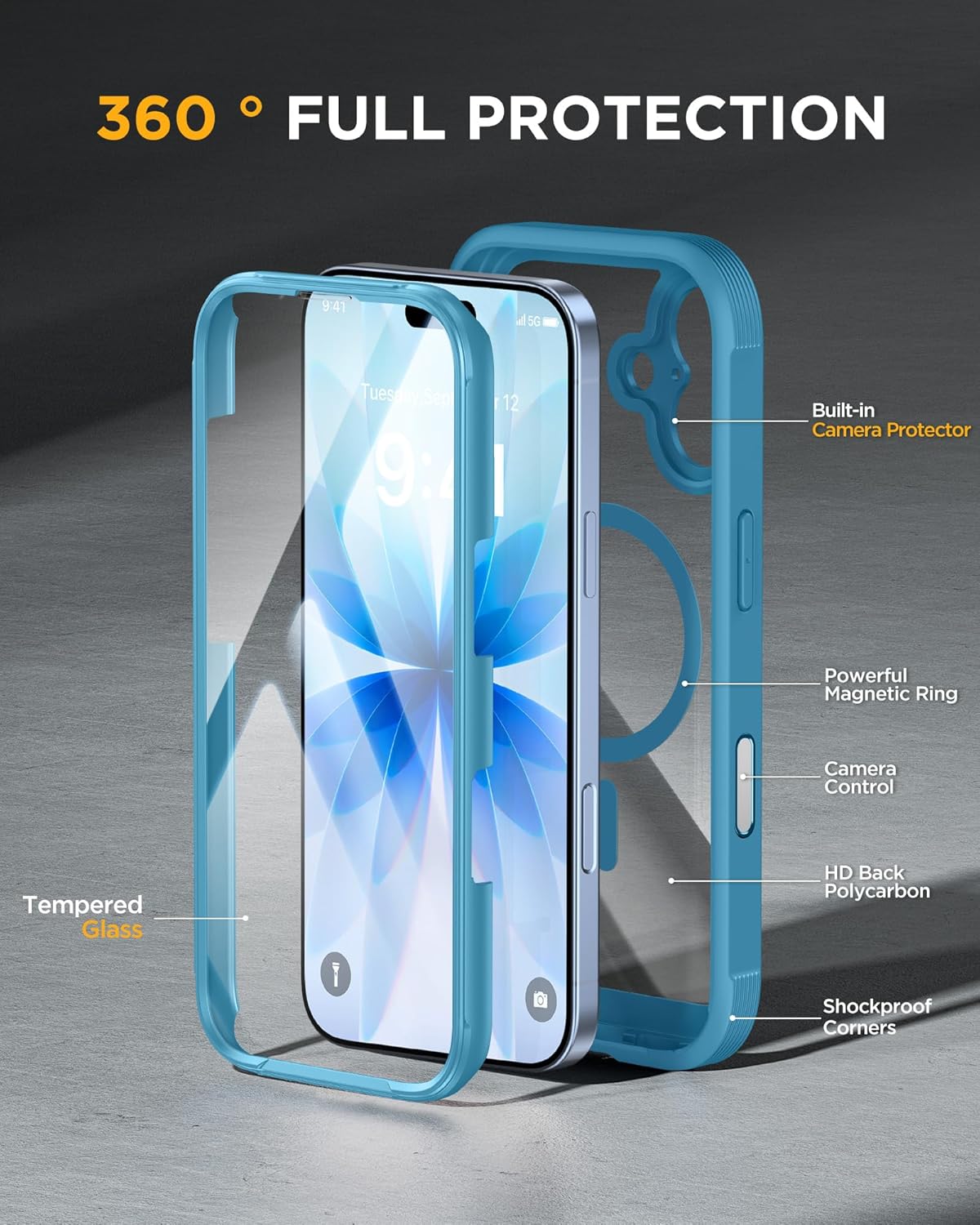 Miracase for iPhone 17 Case 6.3'', Full-Body Military Grade Drop Protection Outdoor Phone case with Built-in Glass Screen &Camera Control,Easy Installation,No Gap,Compatible with MagSafe,Blue iPhone 17 Blue