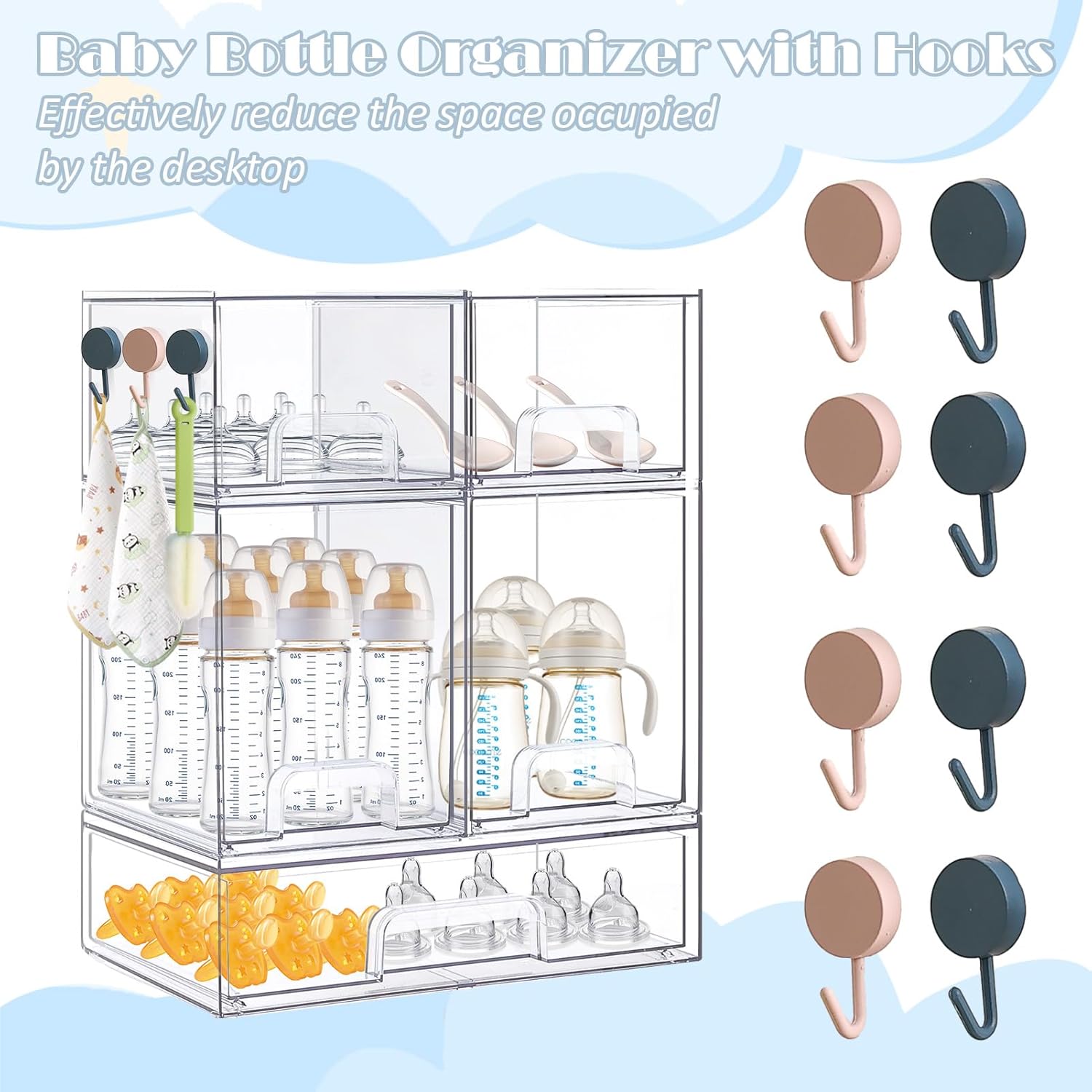 Baby Bottle Organizer-5 Pack Stackable Storage Drawers, Baby Organizers and Storage with Hooks, Clear Acrylic Multipurpose Bottle Storage for Countertop,Kitchen,Cabinet,Vanity,Bathroom 5PCS-2 High+2 Small+1 Wide