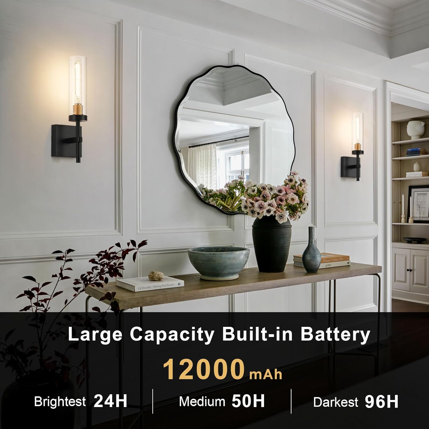 Wireless Wall Sconces with Remote Control, Battery Operated Wall Sconce Set of 2, Black & Gold Rechargeable Dimmable Wall Light for Bedroom Living room Bathroom Hallway Entryway Stairwell, 3000K Battery Operated A (2 Pack) (Battery) Black & Clear Glass