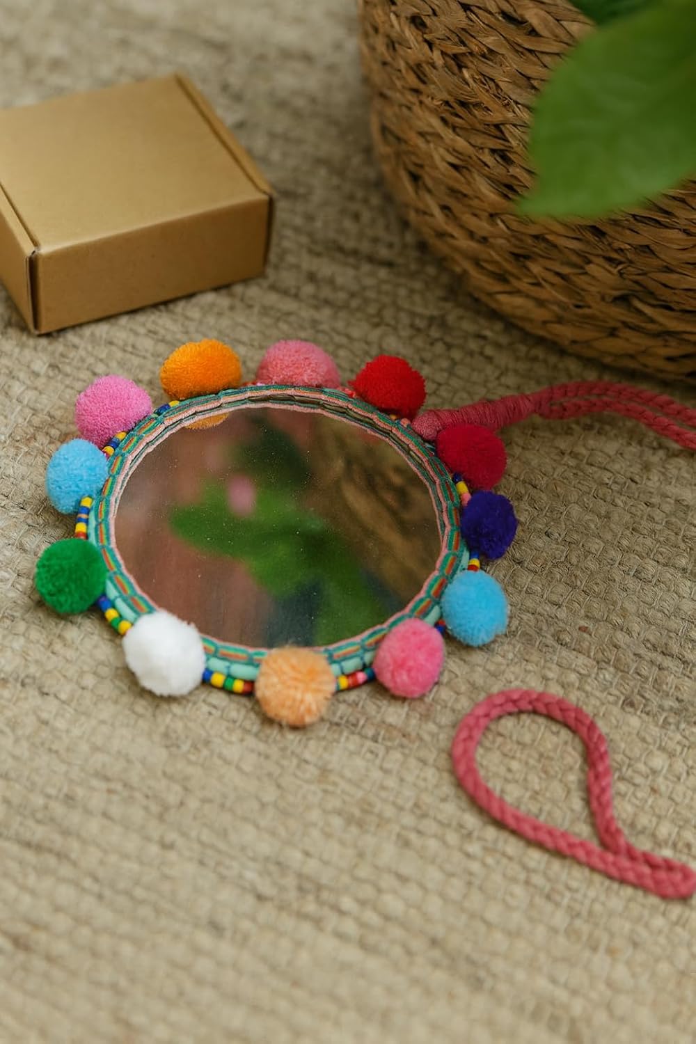 Boho Mirror Pom Pom Decorative Hanging Mirror Purse Handbag Charm Pom Pom Banjara Tassels Handmade Keychain Accessory Girl Baby Girl Women Return Gifts Indian Boho Style(Mirror Size:-7 Diameters) Multicolour