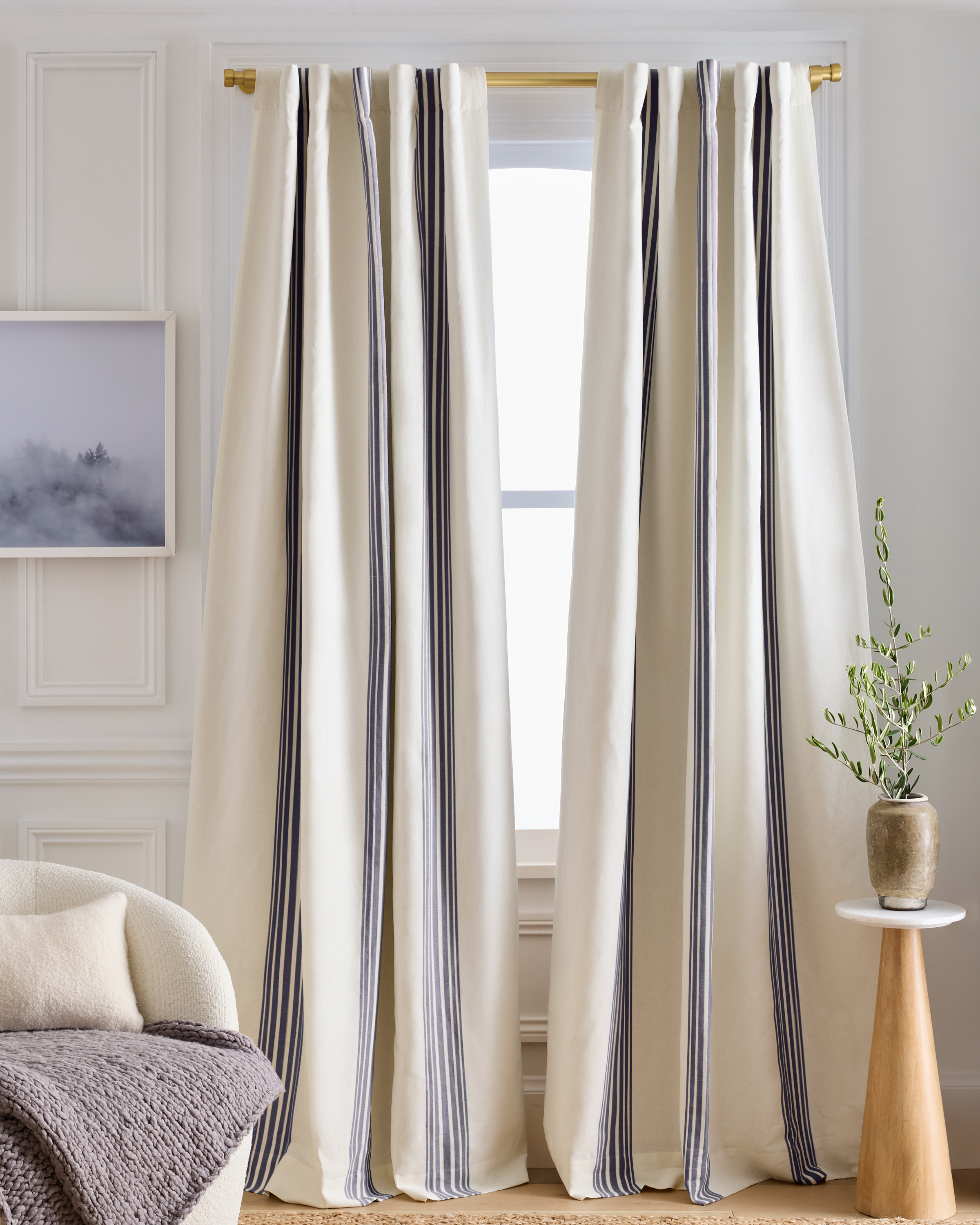 Coastal Stripe Linen Cotton Room Darkening Curtain, 48x84, Ivory/Navy