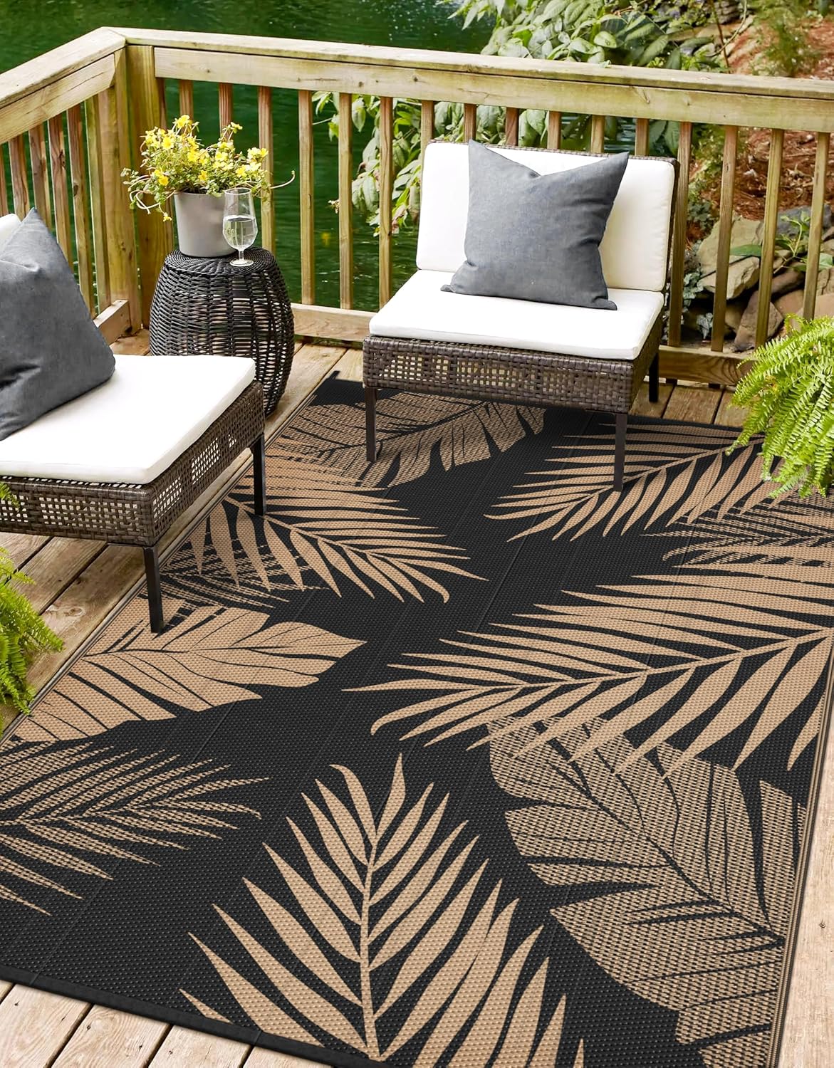 Outdoor Rug 9' x 12' for Patio Waterproof Clearance, Reversible Indoor Outdoor Plastic Straw Camping Rug Carpet, RV Mat, Large Area Rug for Deck, Backyard, Balcony, Porch, Beach,Black and Brown Black & Brown | Waterproof 9' x 12' (Rectangular)